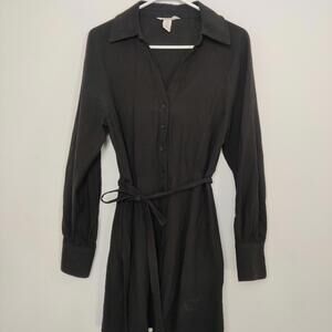 H&M Black Button Front Tie Waist Shirt Dress Long Sleeve Size S